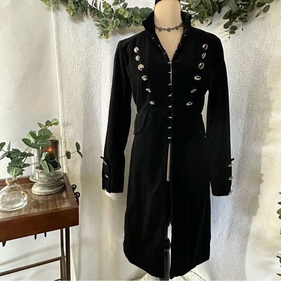 Vintage Newport News Black Military Steampunk Gothic Velour Long  Coat Sz12 - Picture 1 of 15